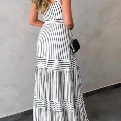 Levency New In Stripe Bow Tie Belted Maxi Dress