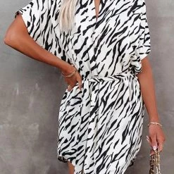 Levency Zebra Belted Shirt Mini Dress