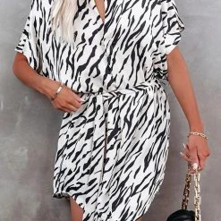 Levency Zebra Belted Shirt Mini Dress