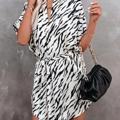 Levency Zebra Belted Shirt Mini Dress