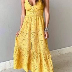 Levency Hollow Button Slip Maxi Dress