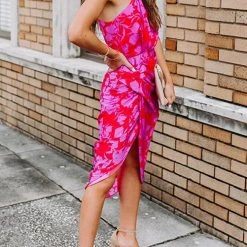 Levency Floral Print One Shoulder Slit Dress