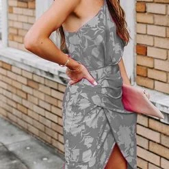 Levency Floral Print One Shoulder Slit Dress