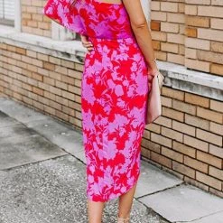 Levency Floral Print One Shoulder Slit Dress