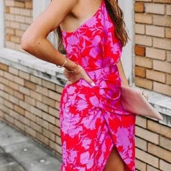 Levency Floral Print One Shoulder Slit Dress