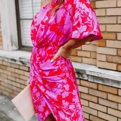 Levency Floral Print One Shoulder Slit Dress