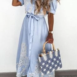 Levency New In Button Hollow Bleted Shirt Maxi Dress