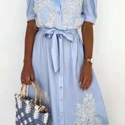 Levency New In Button Hollow Bleted Shirt Maxi Dress