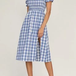 Levency Plaid Square Neck Slit Dress