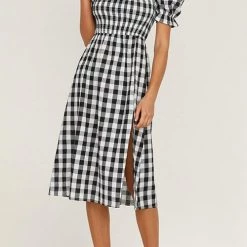 Levency Plaid Square Neck Slit Dress