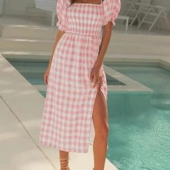 Levency Plaid Square Neck Slit Dress
