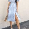 Levency Plaid Square Neck Slit Dress