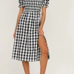 Levency Plaid Square Neck Slit Dress