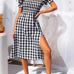 Levency Plaid Square Neck Slit Dress