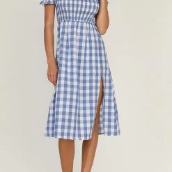 Levency Plaid Square Neck Slit Dress
