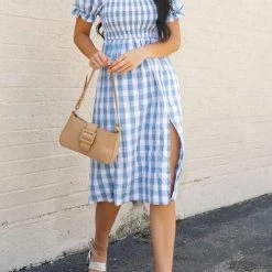 Levency Plaid Square Neck Slit Dress