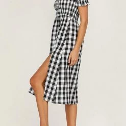 Levency Plaid Square Neck Slit Dress