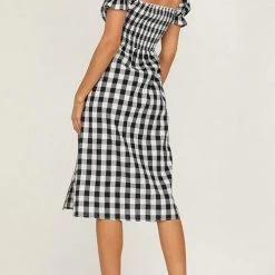 Levency Plaid Square Neck Slit Dress