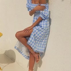 Levency Plaid Square Neck Slit Dress