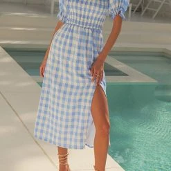 Levency Plaid Square Neck Slit Dress