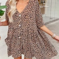 Levency New In Ruffles Leopard Button Mini Dress