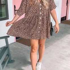Levency New In Ruffles Leopard Button Mini Dress