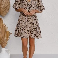 Levency New In Ruffles Leopard Button Mini Dress