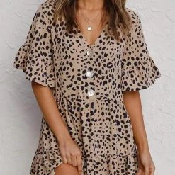 Levency New In Ruffles Leopard Button Mini Dress