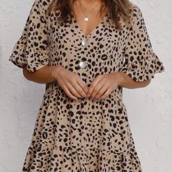Levency New In Ruffles Leopard Button Mini Dress