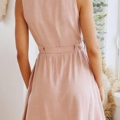 Levency New In Button V Neck Knot Tank Mini Dress