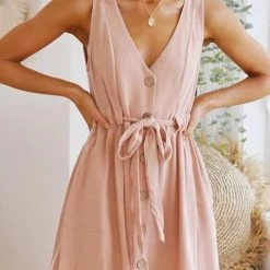 Levency New In Button V Neck Knot Tank Mini Dress