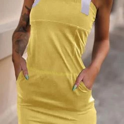 Levency Pockets Square Neck Sleeveless Mini Dress New In