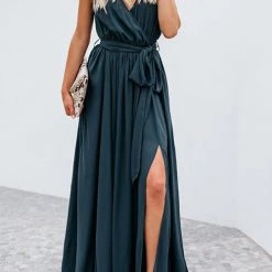 Levency V Neck Sleeveless Slit Wrap Maxi Dress New In