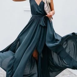 Levency V Neck Sleeveless Slit Wrap Maxi Dress New In