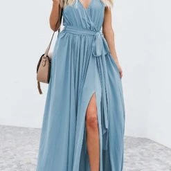 Levency V Neck Sleeveless Slit Wrap Maxi Dress New In