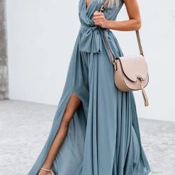 Levency V Neck Sleeveless Slit Wrap Maxi Dress New In