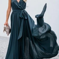 Levency V Neck Sleeveless Slit Wrap Maxi Dress New In