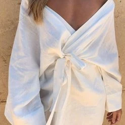 Levency Bat Loose Belted Robe Mini Dress