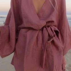 Levency Bat Loose Belted Robe Mini Dress