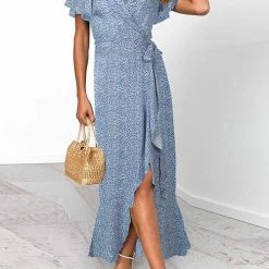 Levency New In Floral Ruffles Print Wrap Maxi Dress