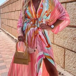 Levency New In Print Drawstring Bat Maxi Dress