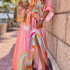 Levency New In Print Drawstring Bat Maxi Dress