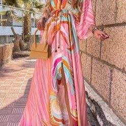 Levency New In Print Drawstring Bat Maxi Dress