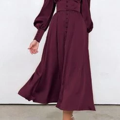 Levency Satin Button Puff Long Sleeve Dress