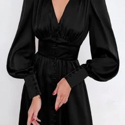 Levency Satin Button Puff Long Sleeve Dress