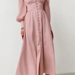 Levency Satin Button Puff Long Sleeve Dress