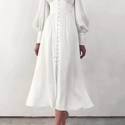 Levency Satin Button Puff Long Sleeve Dress