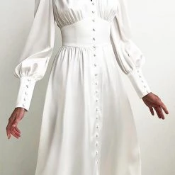 Levency Satin Button Puff Long Sleeve Dress