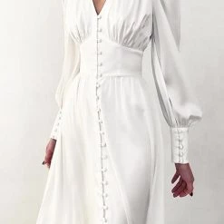 Levency Satin Button Puff Long Sleeve Dress