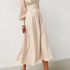 Levency Satin Button Puff Long Sleeve Dress